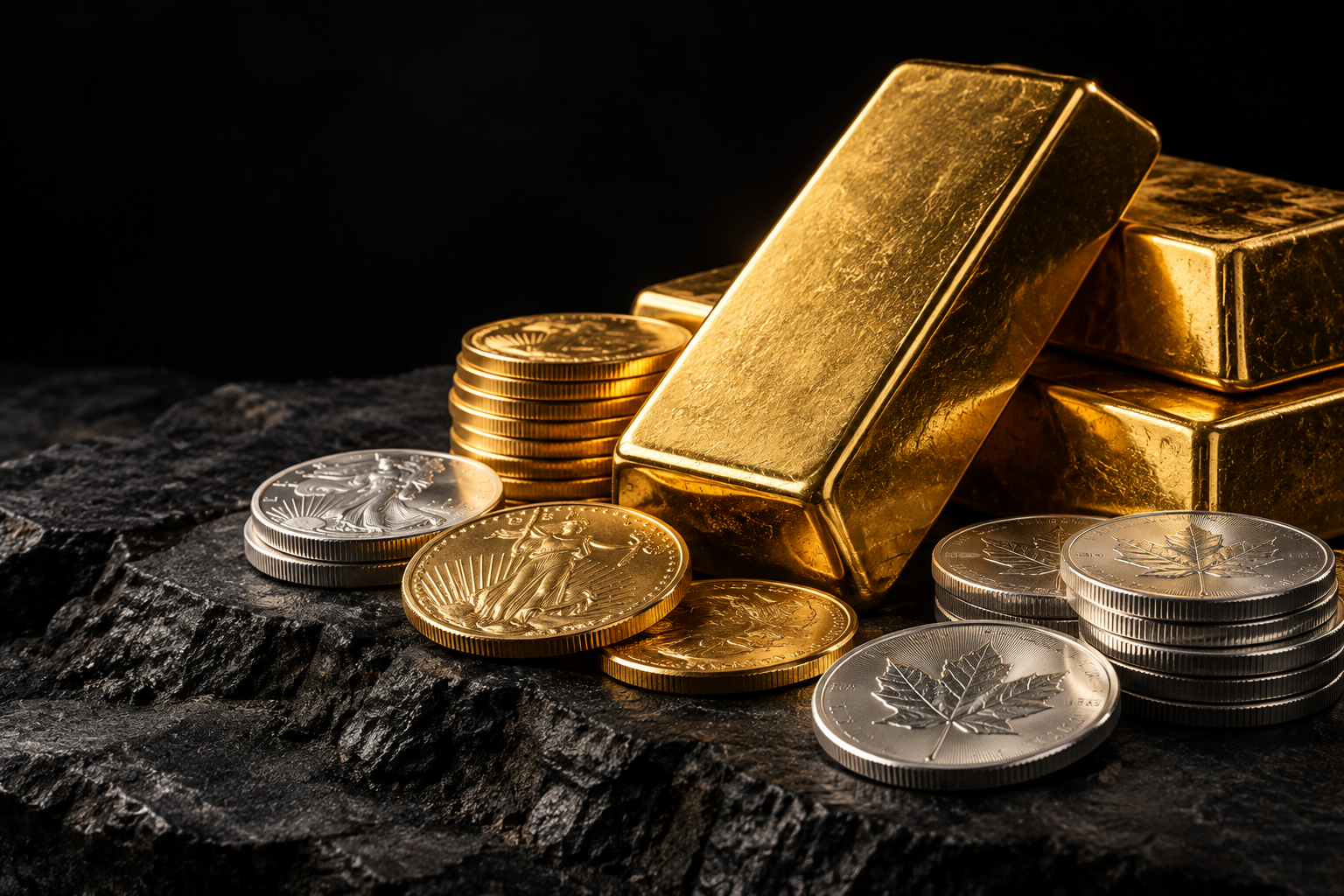 Gold bullion bars and gold and silver coins in warm studio light